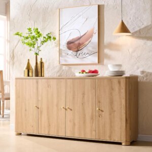 Curved Buffet Cabinet with Doors, 66" Large Sideboard Buffet Storage Cabinet with 4 Doors and Shleves 1