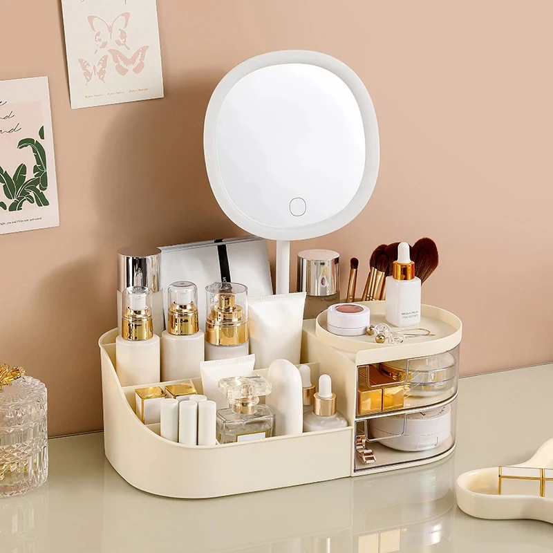 Makeup Storage Box With Mirror Desktop Dressing Table Makeup Mirror Cosmetics 4