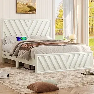 Full Bed with Adjustable Headboard, Farmhouse Platform Bed Wood 7