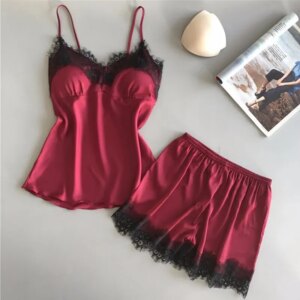 Women Pajama Suit Fashion V-Neck Lace Sexy Lingerie Pyjamas Sleep Shorts Set Sleepwear New 1