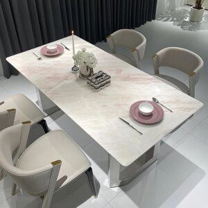 Italian Pink Diamond Marble Table, Rose Rainbow Stone Long Dining Table 1