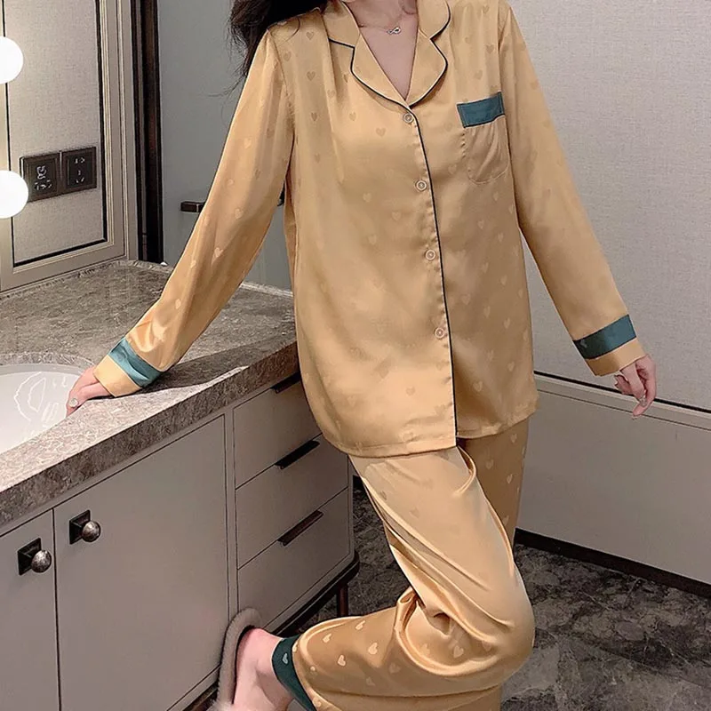 Top Autumn New Ice Silk Women Pajama Lapel Button Cardigan Outfits for Women 2 Piece 6