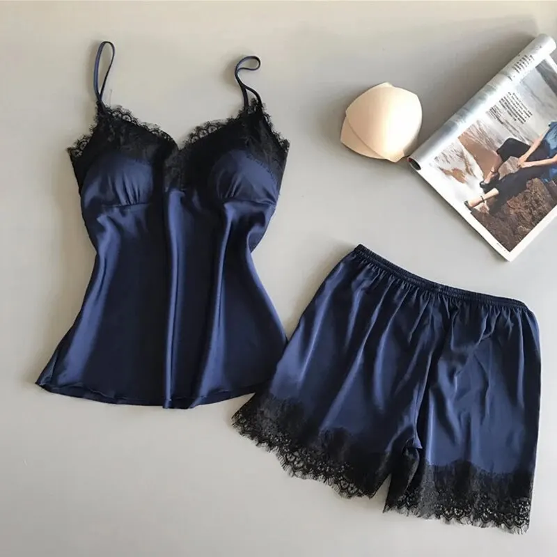 Women Pajama Suit Fashion V-Neck Lace Sexy Lingerie Pyjamas Sleep Shorts Set Sleepwear New 2