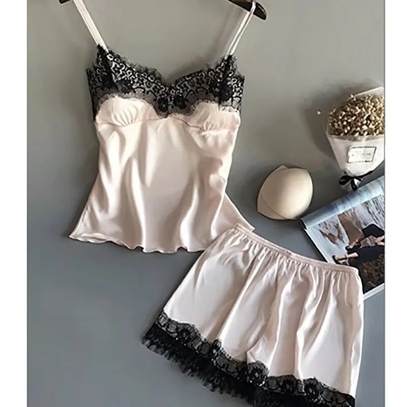 Women Pajama Suit Fashion V-Neck Lace Sexy Lingerie Pyjamas Sleep Shorts Set Sleepwear New 4