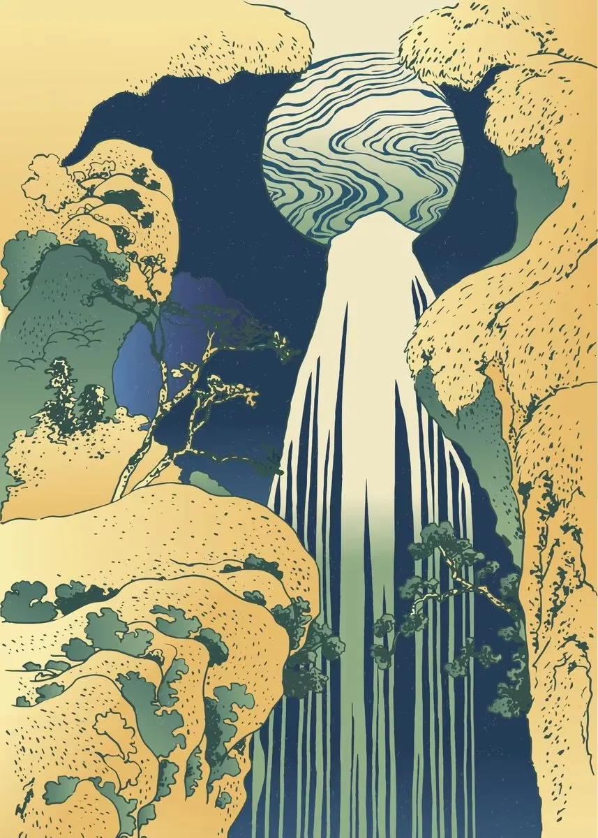 Hokusai Ukiyo-e Blue Green Japanese Waterfall Asian Landscape 7