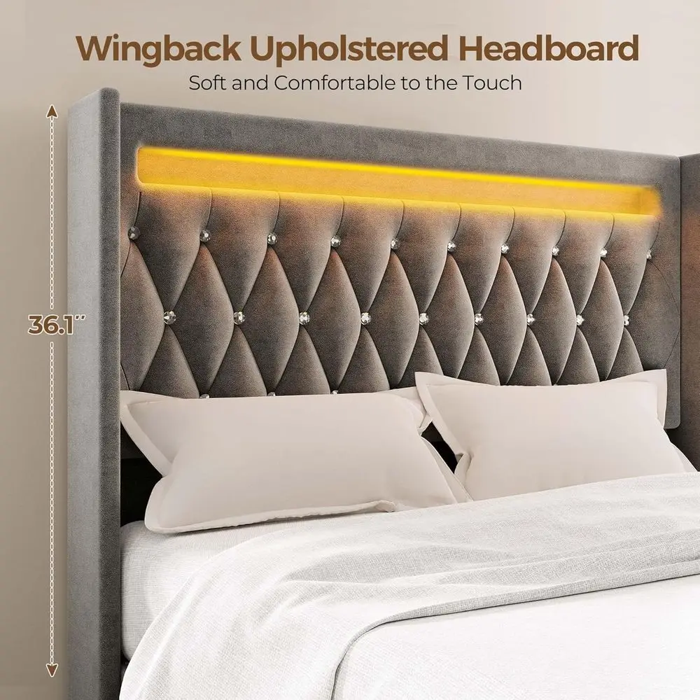 Grey LED Light Queen Bed with Charging Station, Upholstered 5