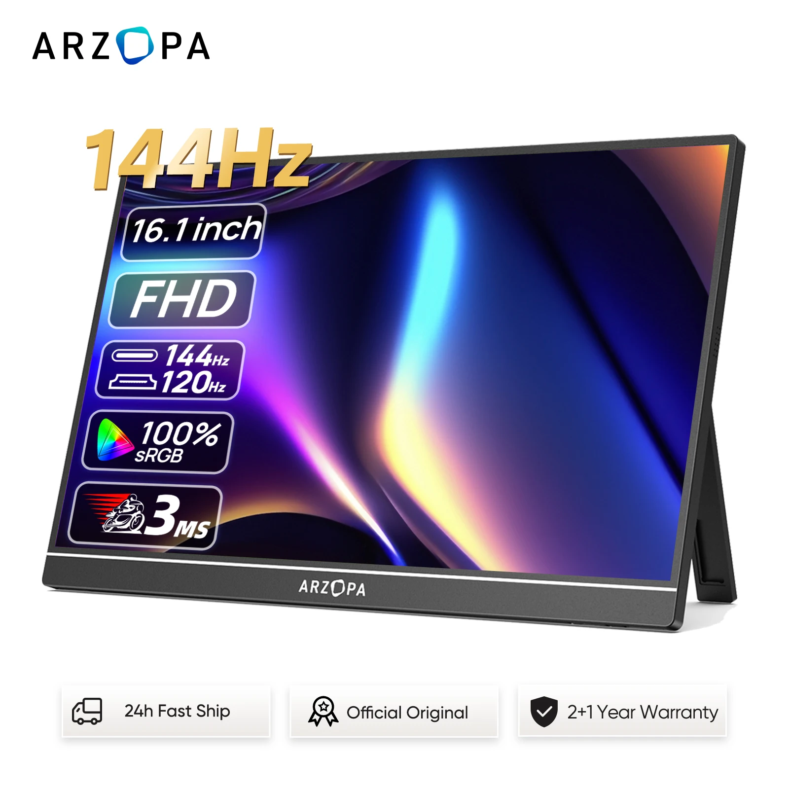 ARZOPA 16.1 inches Portable Gaming Monitor 144hz 100%sRGB 1080P FHD IPS Screen Second Screen for Switch,Xbox,PS5,Laptop,Mac,Z1FC 1