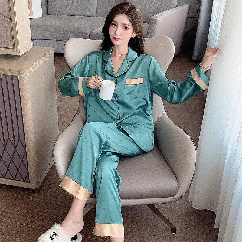 Top Autumn New Ice Silk Women Pajama Lapel Button Cardigan Outfits for Women 2 Piece 3