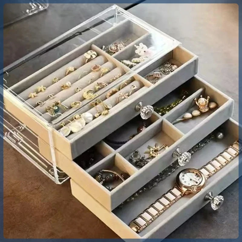 Large Capacity Three-Drawer Velvet Jewelry Box Dustproof Anti-Oxidation 4