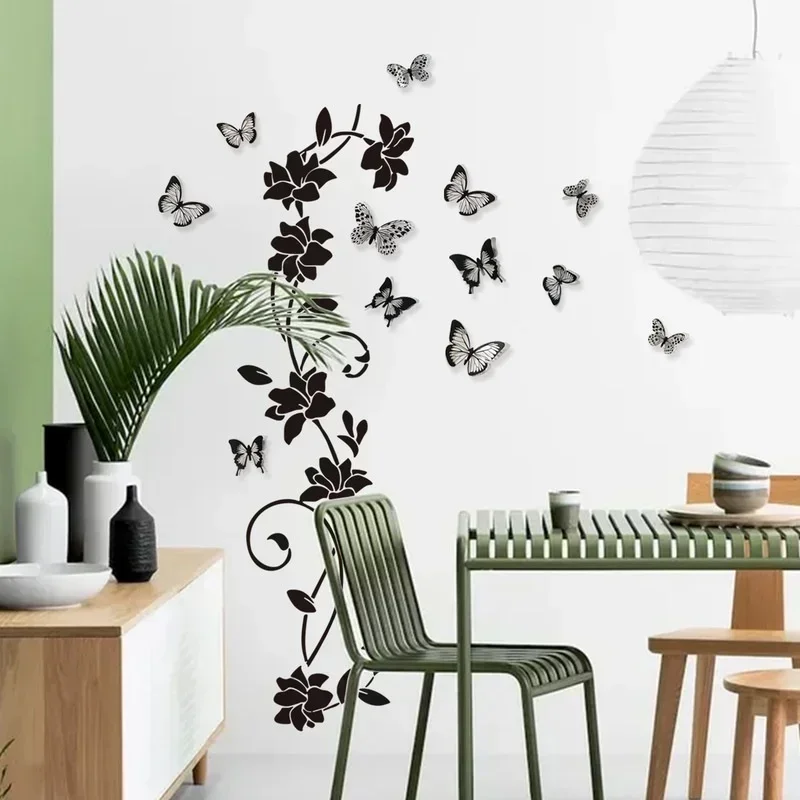 Black Flower Vine 3D Butterfly Wall Sticker 4