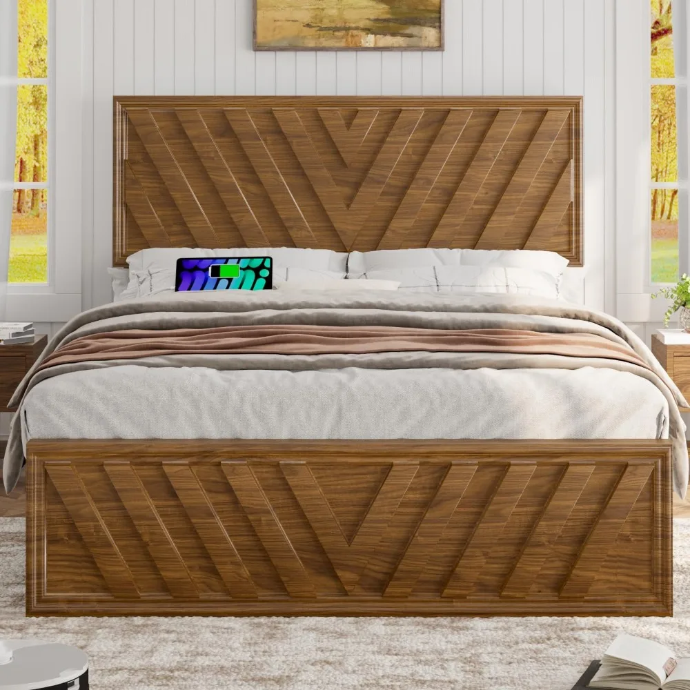 Full Bed with Adjustable Headboard, Farmhouse Platform Bed Wood 3