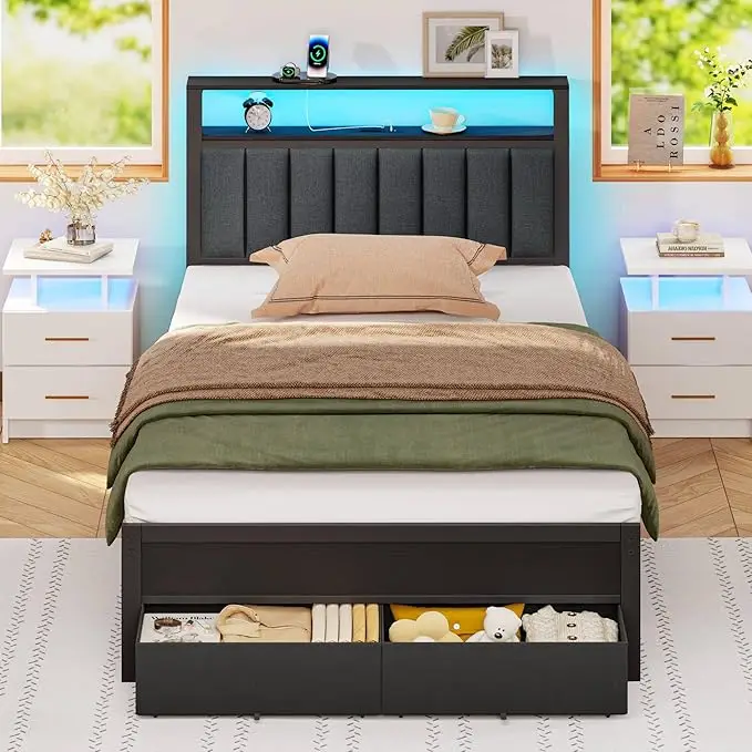 Size Bed Frame with Charging Station and LED Lights, Grey Upholstered Headboard 9