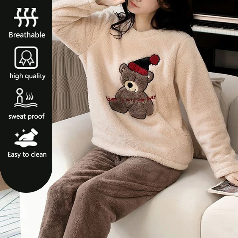 2pcs/Set Large Size Padded Thickened Warm Fall And Winter Women's Pajamas Long-Sleeved Bear 3