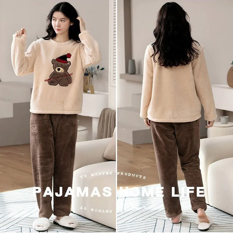 2pcs/Set Large Size Padded Thickened Warm Fall And Winter Women's Pajamas Long-Sleeved Bear 6