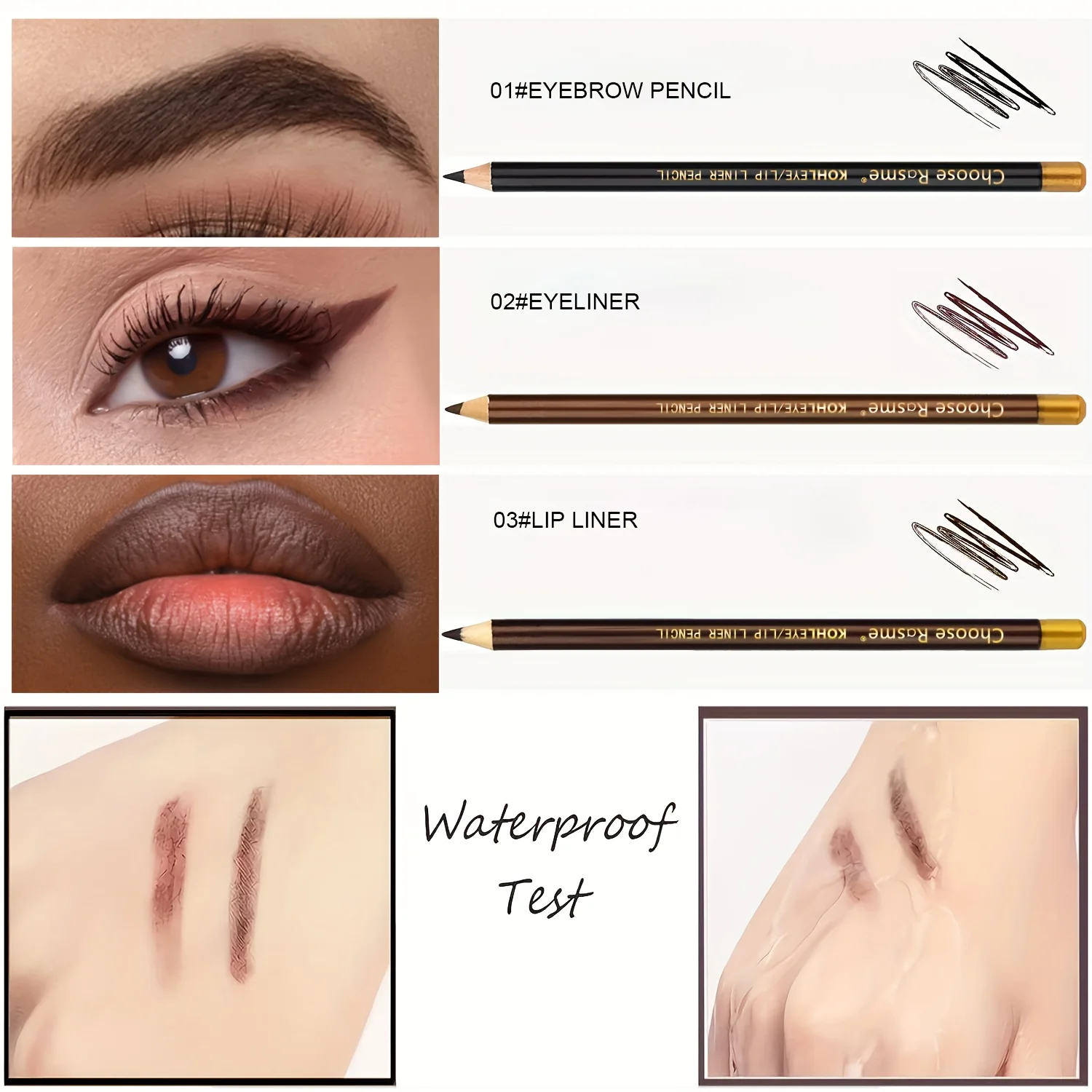 3pcs Eyebrow Pencil Eyeliner lip pencil Natural makeup Long-lasting Black 2