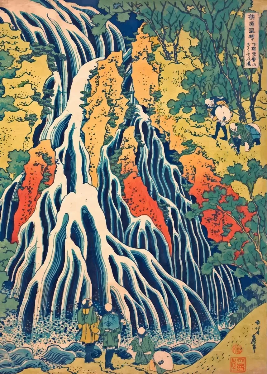 Hokusai Ukiyo-e Blue Green Japanese Waterfall Asian Landscape 9
