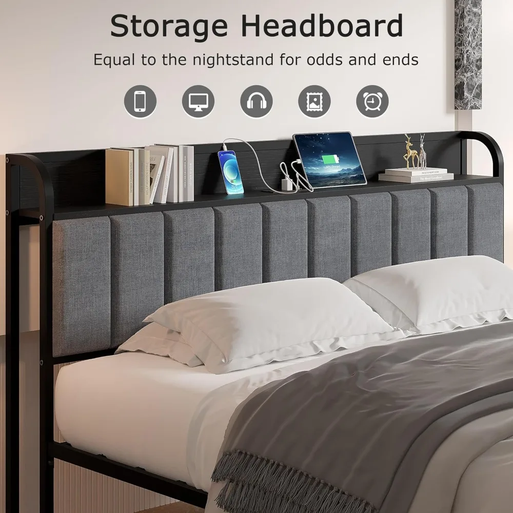 VECELO Storage Platform Bed Frame with Upholstered Headboard 3