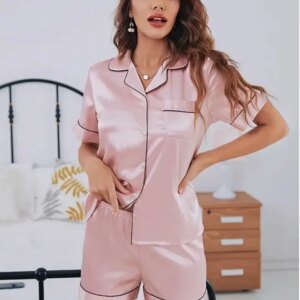 Summer Silk Satin Pajamas Set Women Sleepwear Button-Down Short Sleeve 1