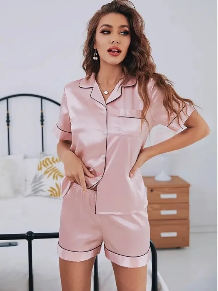 Summer Silk Satin Pajamas Set Women Sleepwear Button-Down Short Sleeve 1