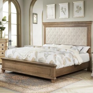 King Size Solid Wood Farmhouse Bed Frame with Upholstered Headboard 1