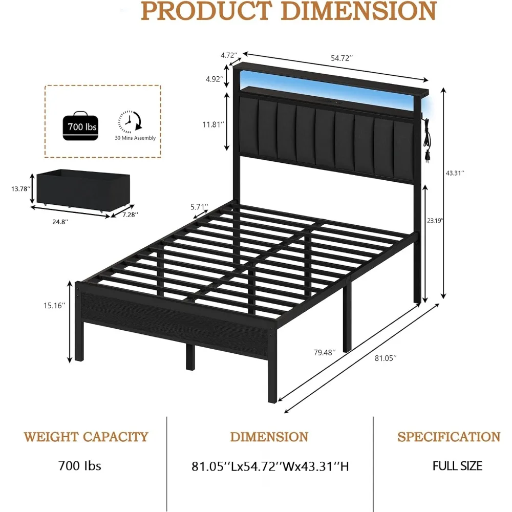 Size Bed Frame with Charging Station and LED Lights, Grey Upholstered Headboard 2