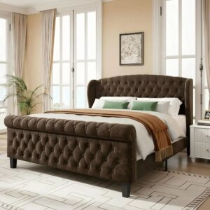 Vintage Brown Upholstered Queen Sleigh Bed with Velvet Scroll Footboard 1
