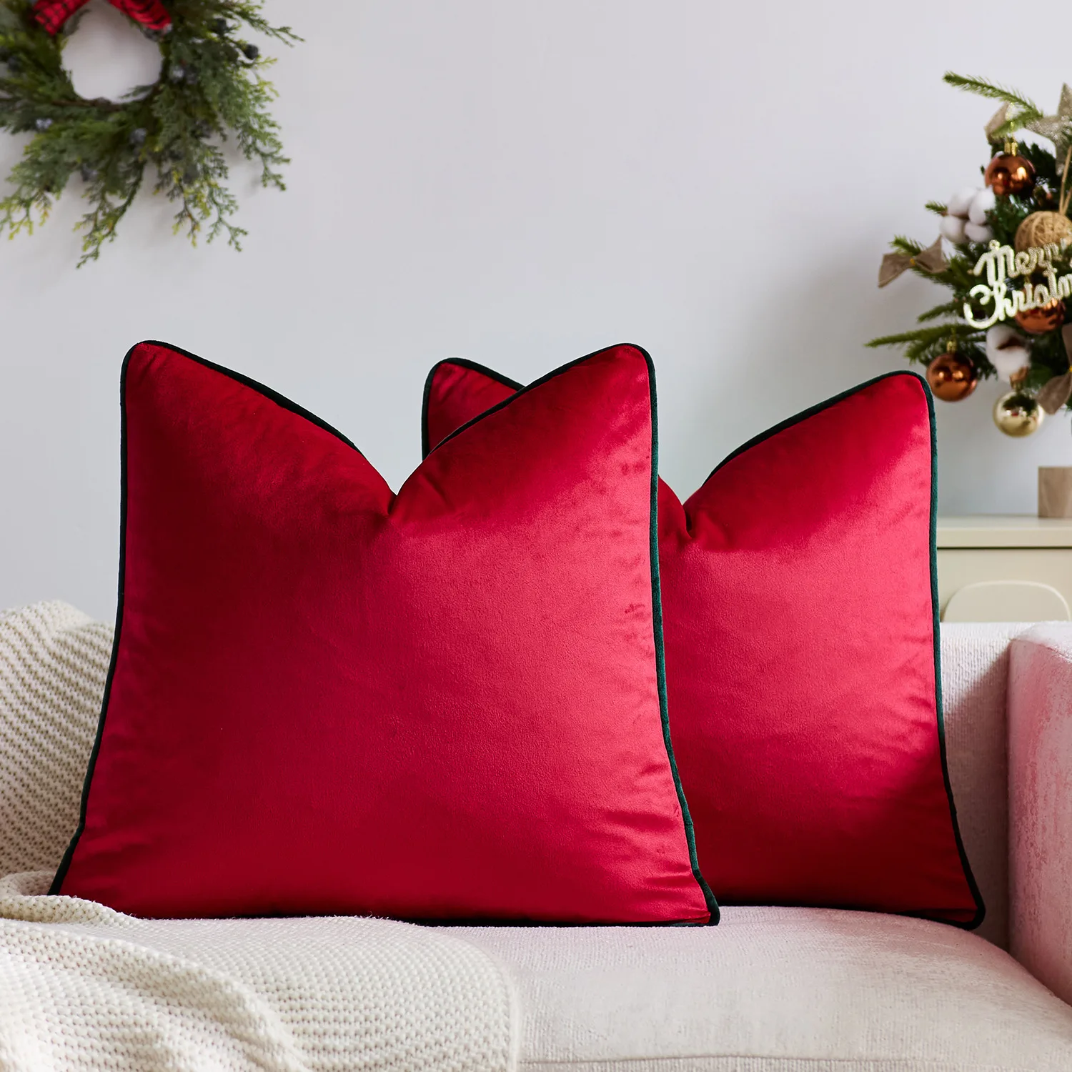 2pcs Luxury Green Red Christmas Pillow Covers 30x50cm 45x45cm Soft Solid Velvet 8