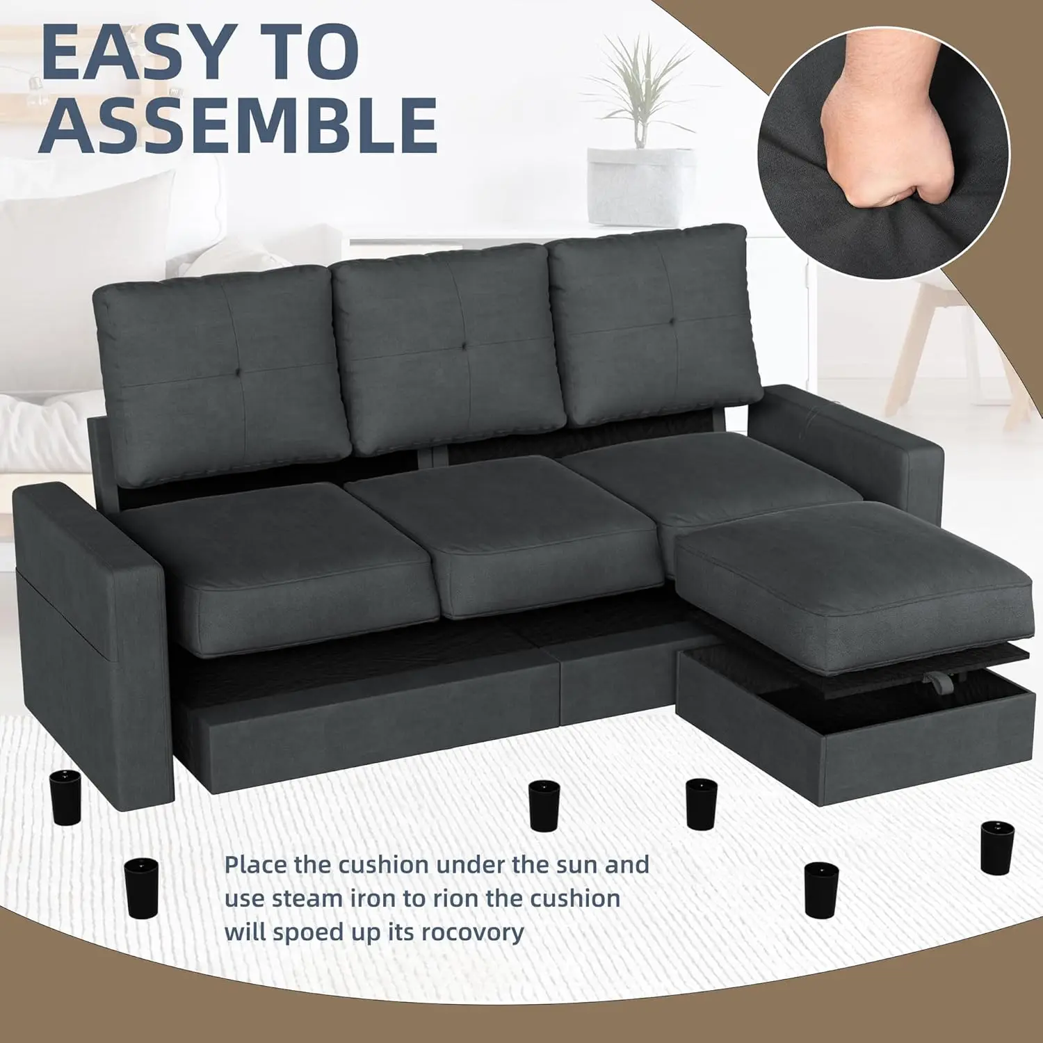 L-Shaped Couch 3 Seat Sofa 6