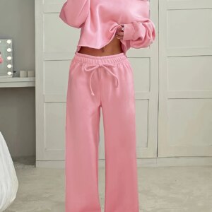2-Piece Set of Women's Autumn and Winter Pajamas, Simple Solid Color, Comfortable and Stylish, 1