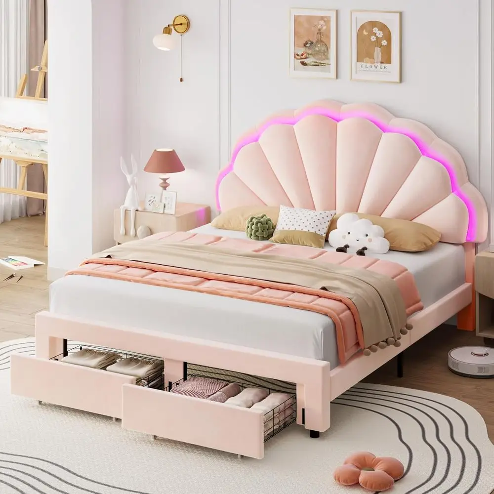 Full-Size LED Bed Frame with Storage, Adjustable Headboard, for Girls, Pink, No Box Spring 3