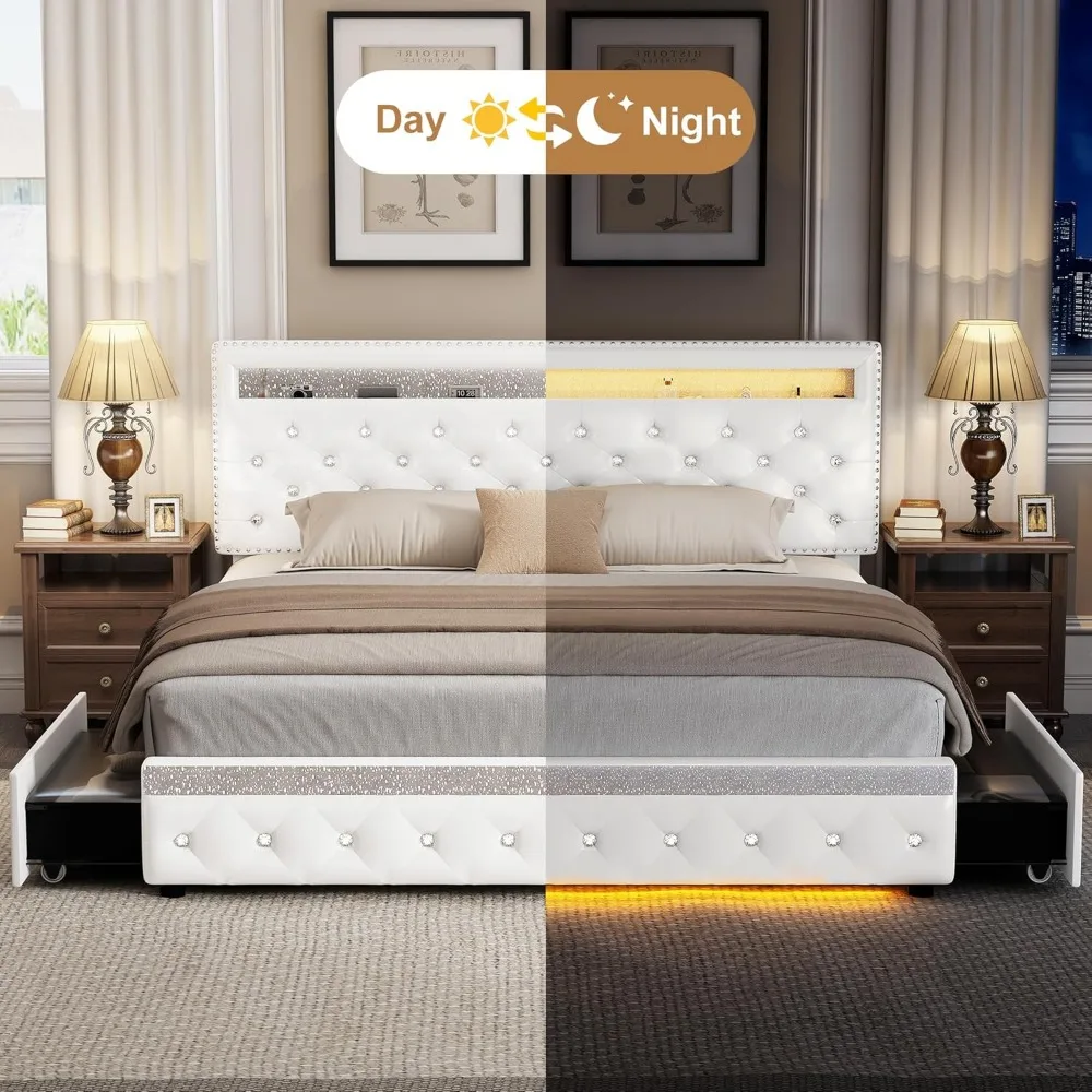 LED Bed Frame with 2 Drawers, PU Upholstered Platform Bed 6