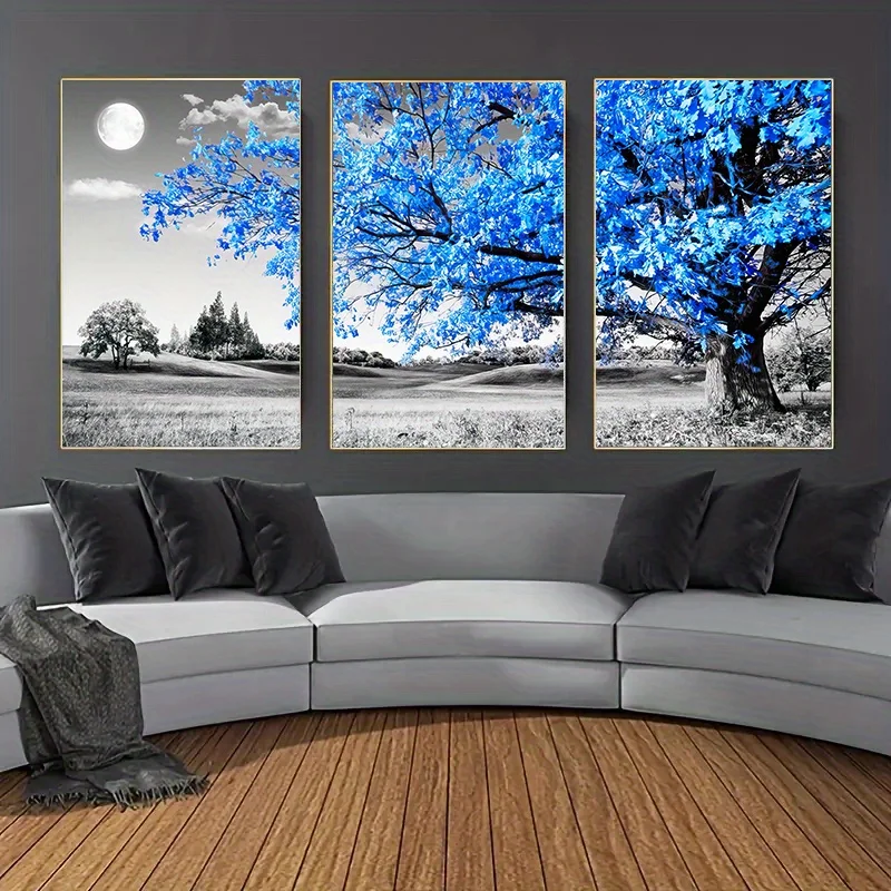 3PCS Blue Tree in The Gray Landscape Poster Nordic Wall Art Canvas Paintings 5