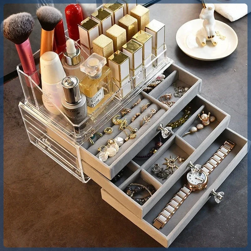 Large Capacity Three-Drawer Velvet Jewelry Box Dustproof Anti-Oxidation 3