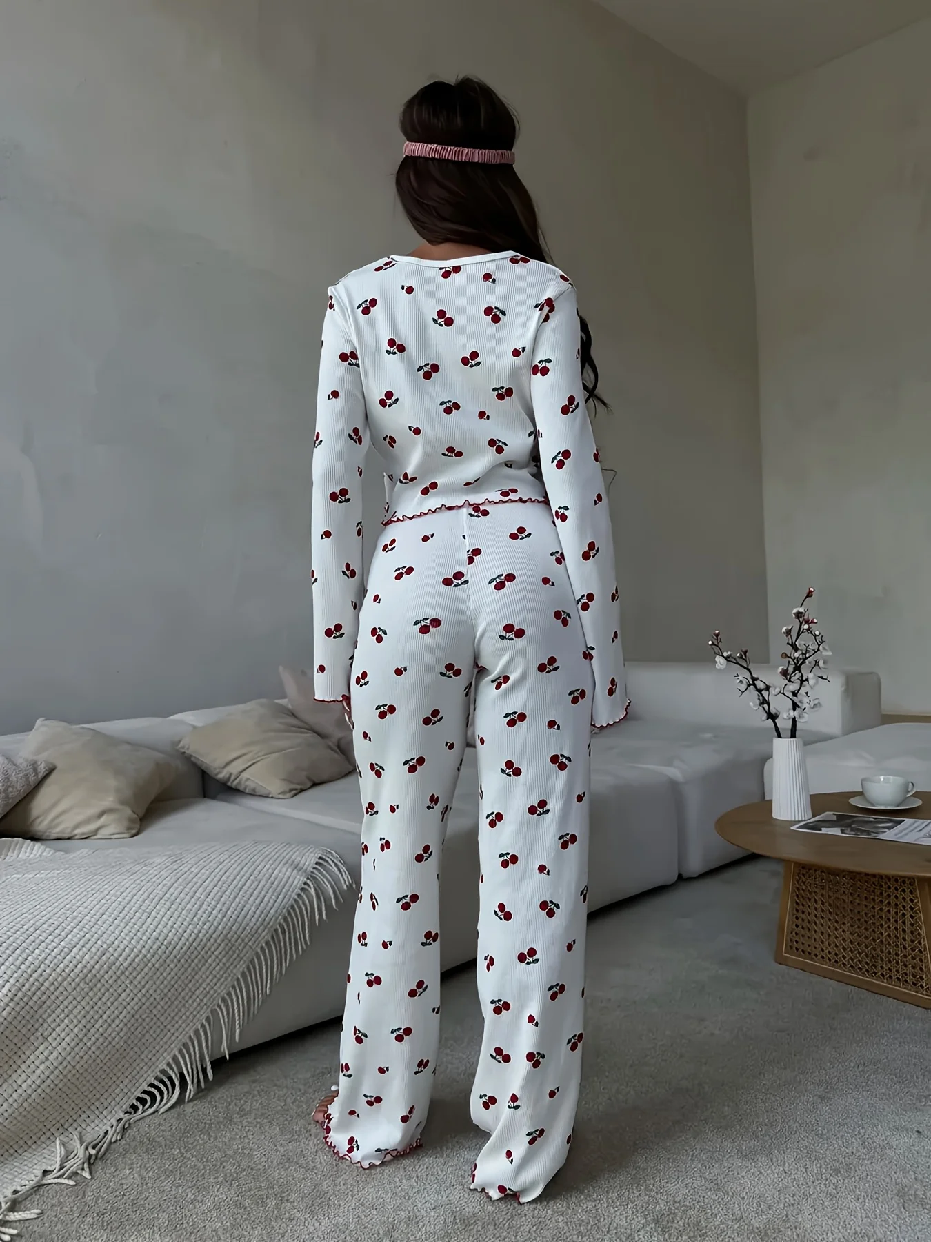 Autumn Winter Pajama Set Women 2pcs Y2K-Style Cherry Print Cuffed-Long-Sleeve Tops 2