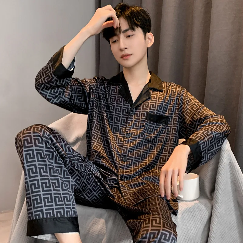 Pajamas Men Spring Summer Thin Ice Silk Luxurious Loose Fitting Home Wear Suit 5