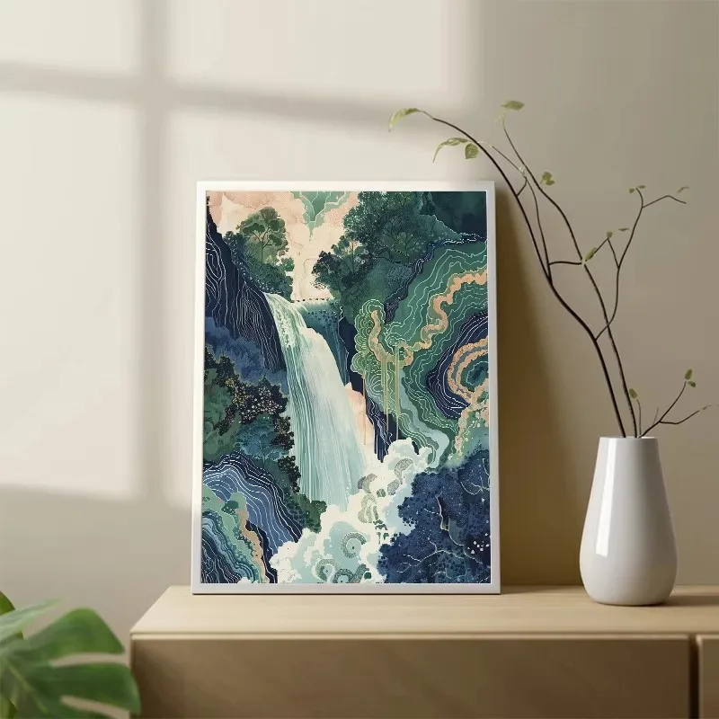 Hokusai Ukiyo-e Blue Green Japanese Waterfall Asian Landscape 3
