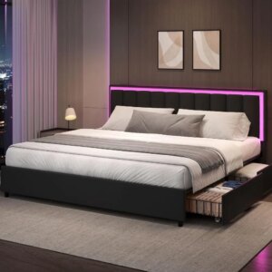 Bed Frame with Storage Drawers, Upholstered Bed Frames with Headboard 1