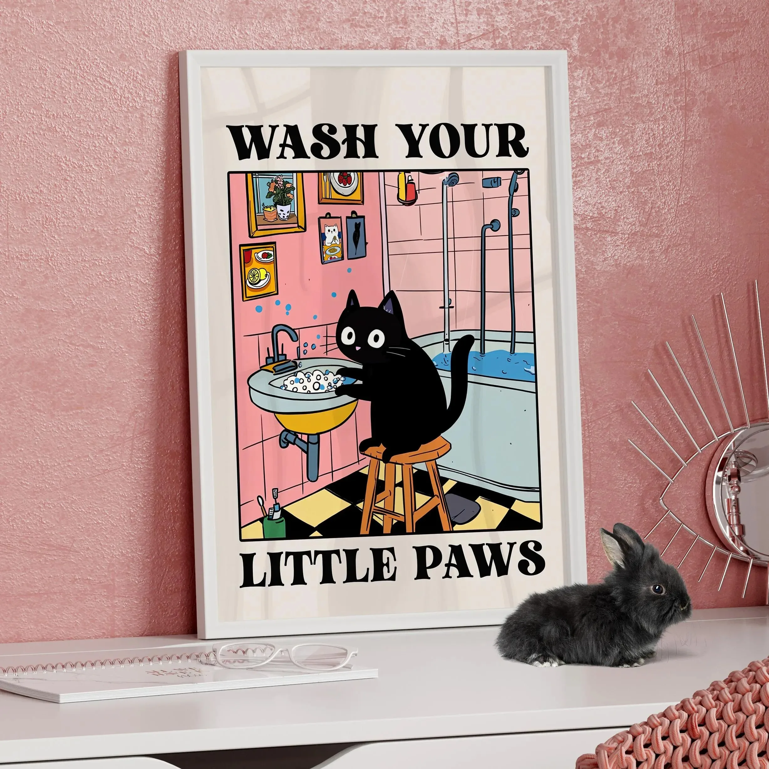 Cute Wash Paws Cat Canvas Print Kawaii WashRoom Bathroom Nursery Wall Art Poster for Modern Living Room Bedroom Home Decor 5
