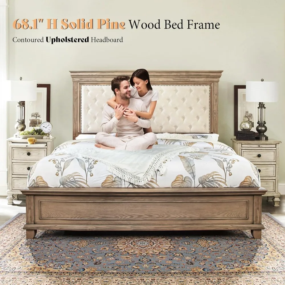 King Size Solid Wood Farmhouse Bed Frame with Upholstered Headboard 3