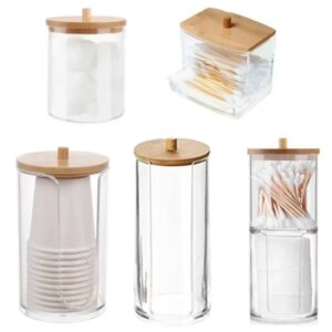 Acrylic Storage Box Bathroom Jar Makeup Organizer Cotton Round Pad Holder Cotton Swab Box Qtip Holder Dispenser with Bamboo Lid 1