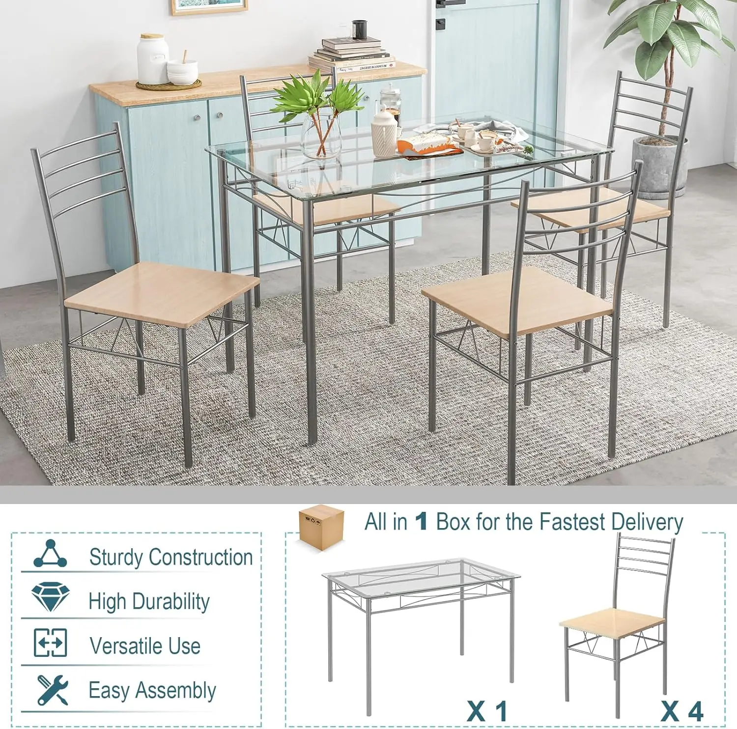5-Piece Dining Set with Tempered Glass Table and 4 Chairs 6