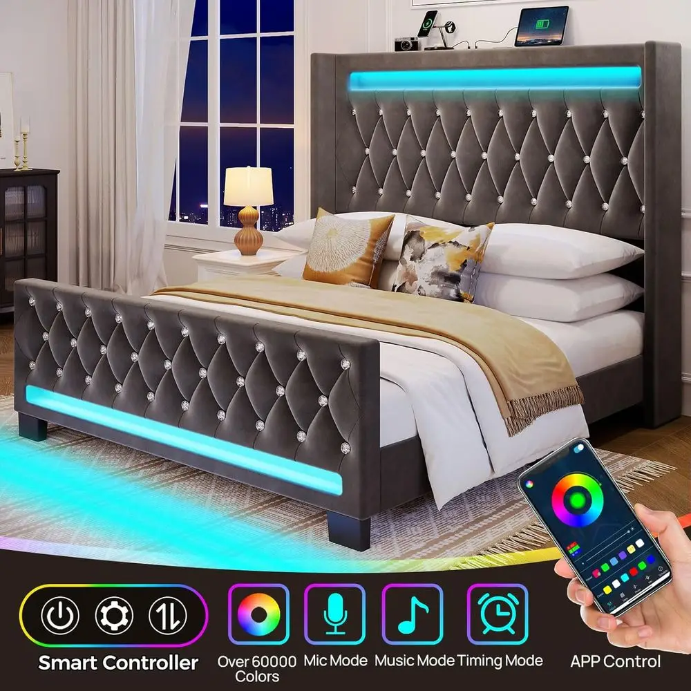 Grey LED Light Queen Bed with Charging Station, Upholstered 3