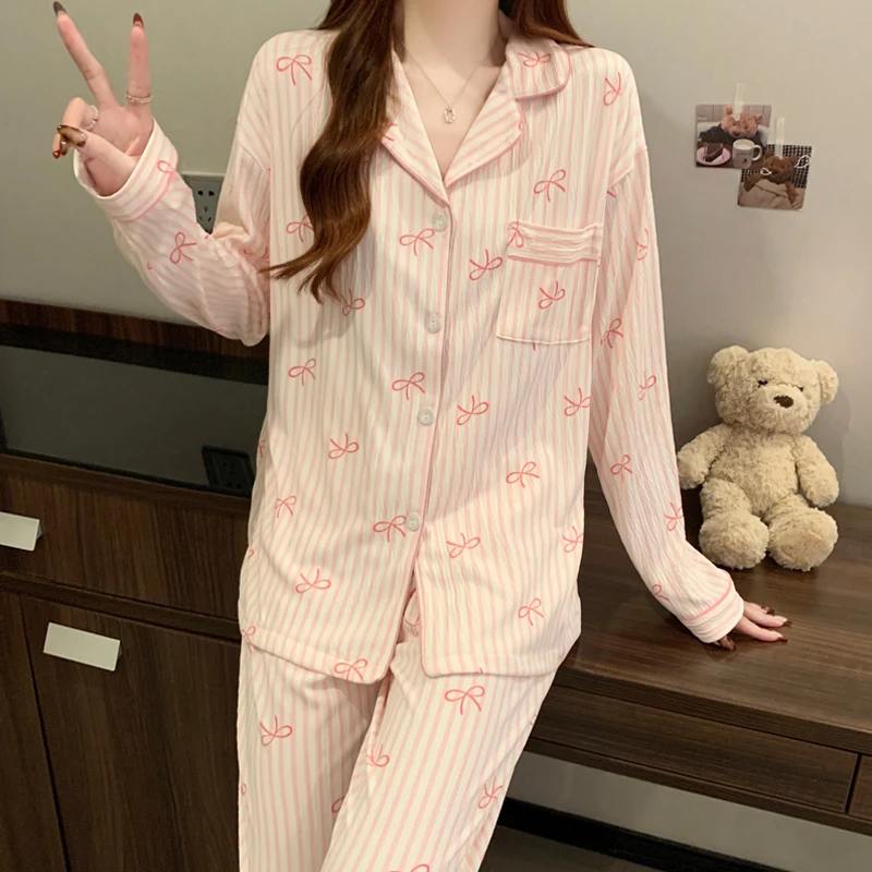 Pink Bow Dtie Design Pajamas for Women Long Sleeve Top & Elastic Waist Pants Pajamas Set Wear 2