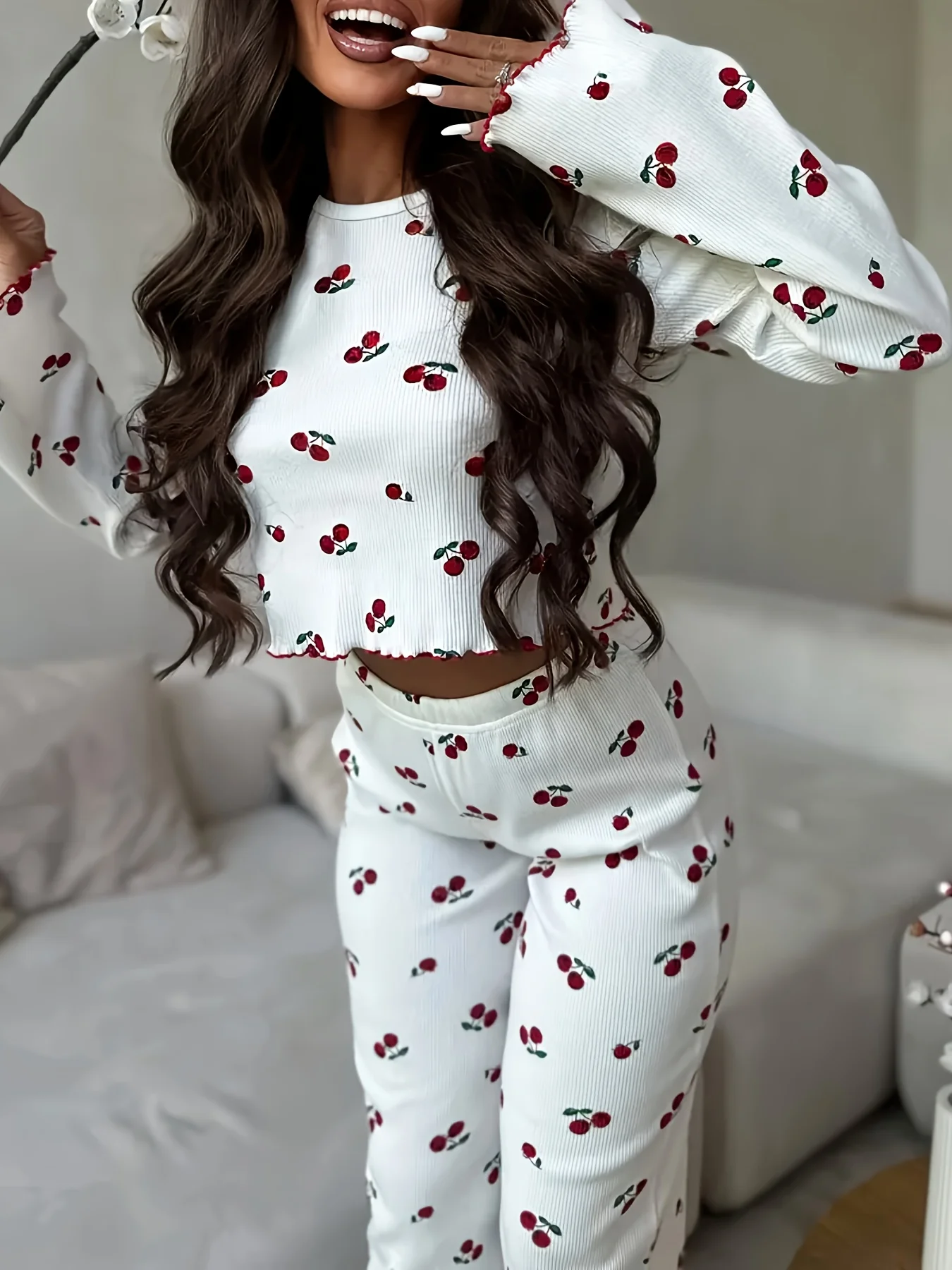 Autumn Winter Pajama Set Women 2pcs Y2K-Style Cherry Print Cuffed-Long-Sleeve Tops 3