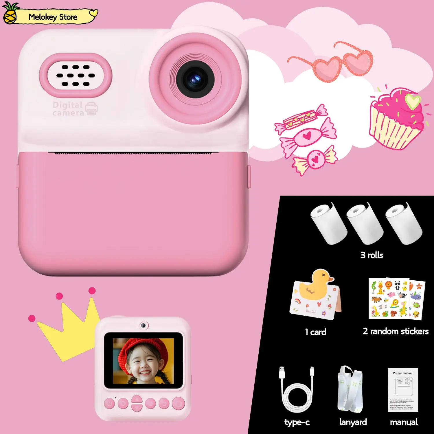 Kids Digital Camera Photo Printer with Game Cute Mini Digital Video 7