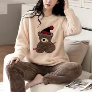 2pcs/Set Large Size Padded Thickened Warm Fall And Winter Women's Pajamas Long-Sleeved Bear 1