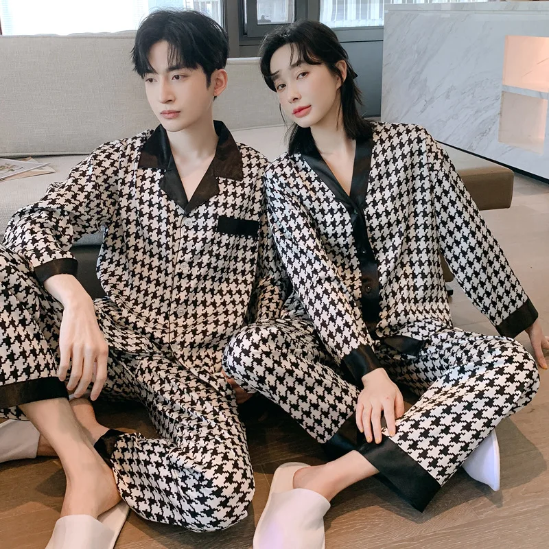 High Quality Couple Pajamas Suit Summer Short Sleeve Long Pant Home Cloth Men Women 6