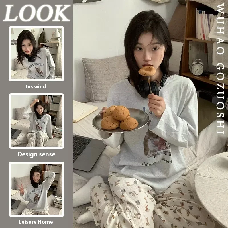 Spring and Autumn New Ladies Ins Style Pajamas Homewear Set Cartoon Girl Long-Sleeve Set 3