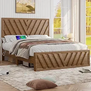 Full Bed with Adjustable Headboard, Farmhouse Platform Bed Wood 8