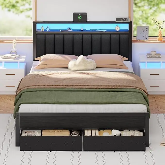Size Bed Frame with Charging Station and LED Lights, Grey Upholstered Headboard 7